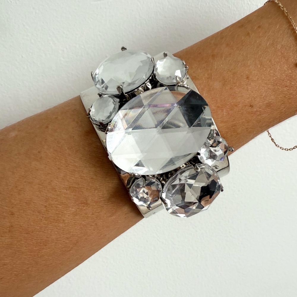 Silver Statement Cuff Bracelet With Clear Oversiz… - image 1